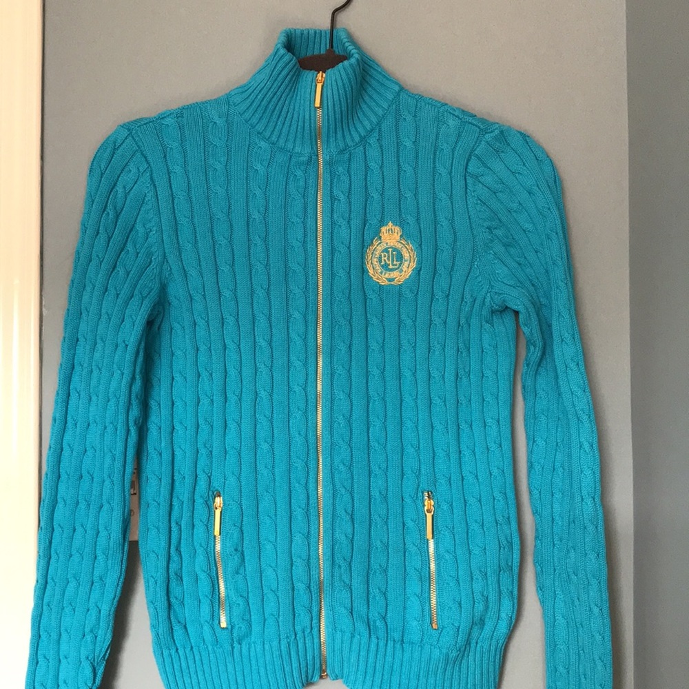 ✨Ralph Lauren Turquoise Cable-Knit Zip Cardigan with Gold Crest